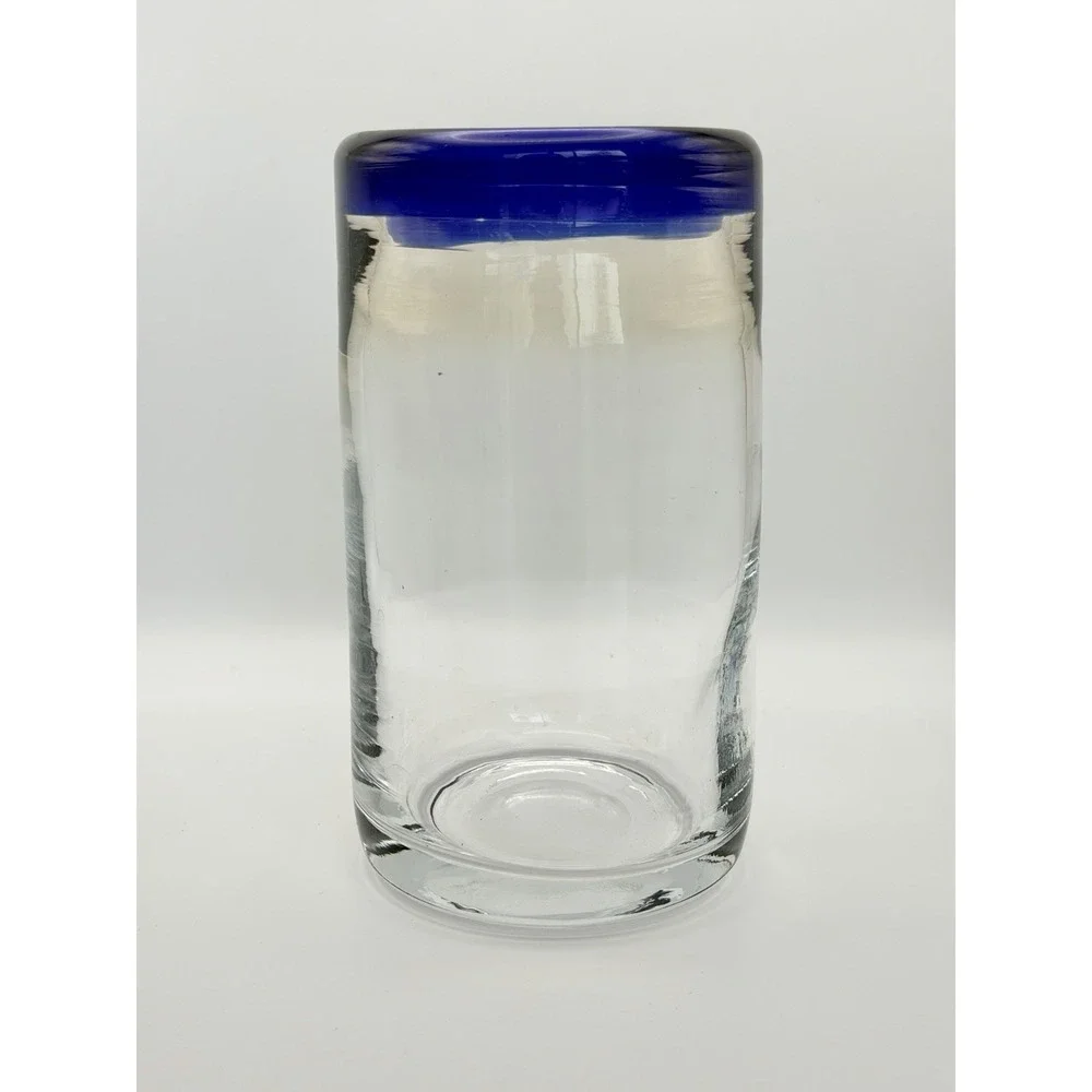 Vintage Hand Blown Tumbler Cobalt Blue Trim Mexico Heavy Thick Mexican Glass 6